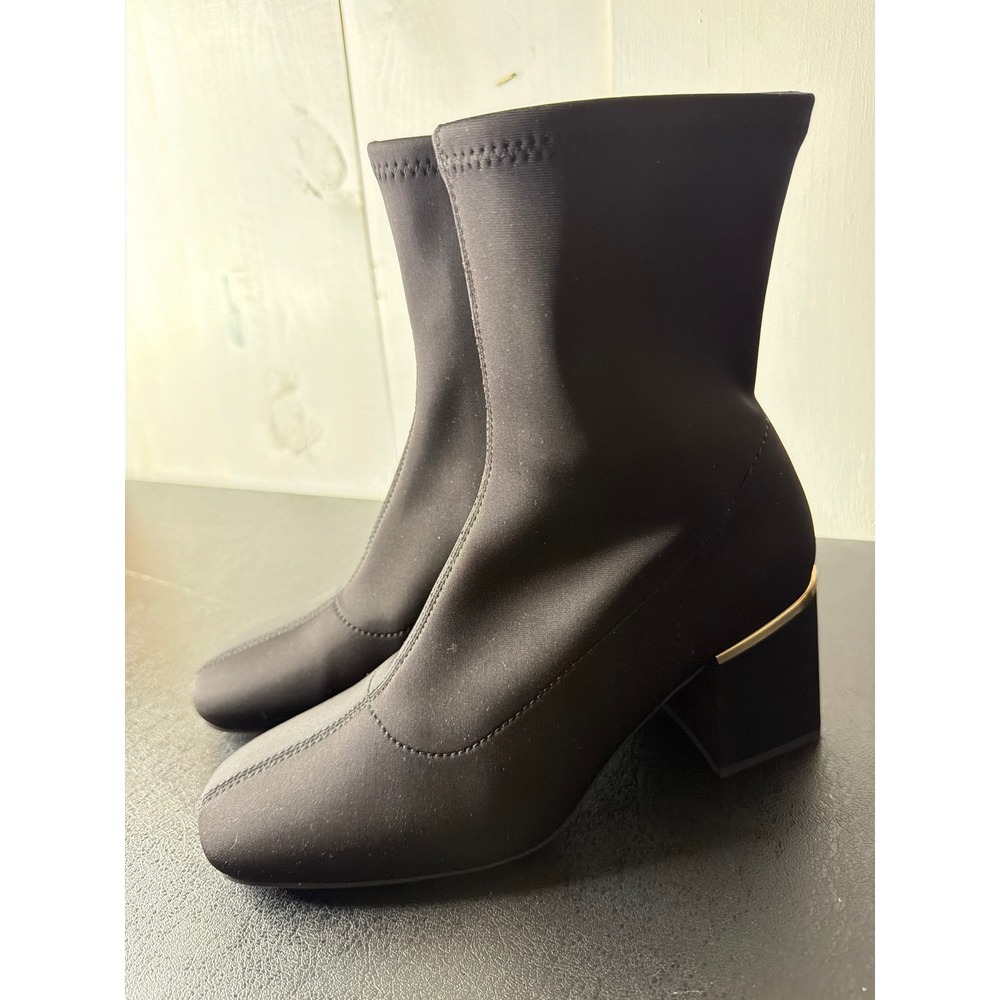Liz Claiborne Black Stretch Sock Ankle Boots Gold Trim Square Toe Block Heel